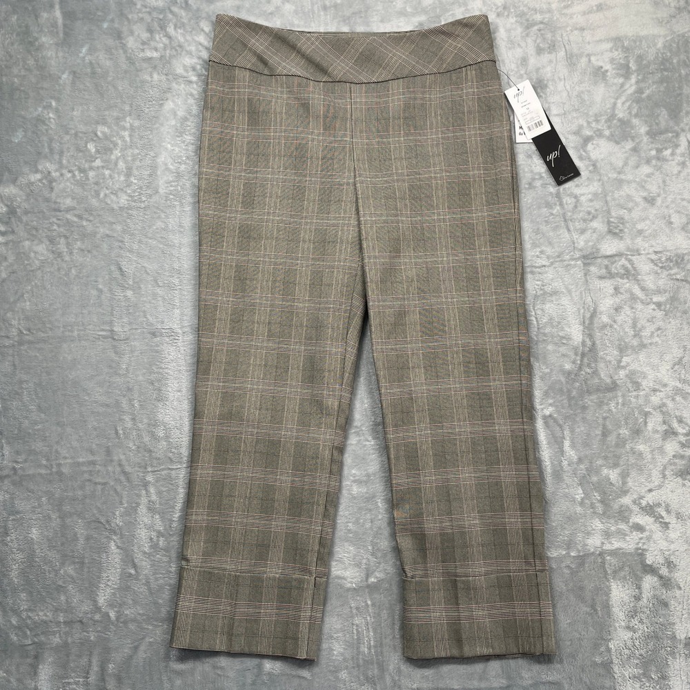 Up! Pants  Womens Kells Cuffed Crop 12 Grey Plaid Tummy‎ Control Trousers NEW
